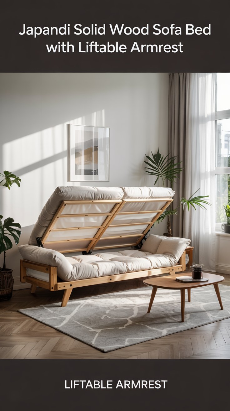 Japandi Solid Wood Sofa Bed with Liftable Armrest Design