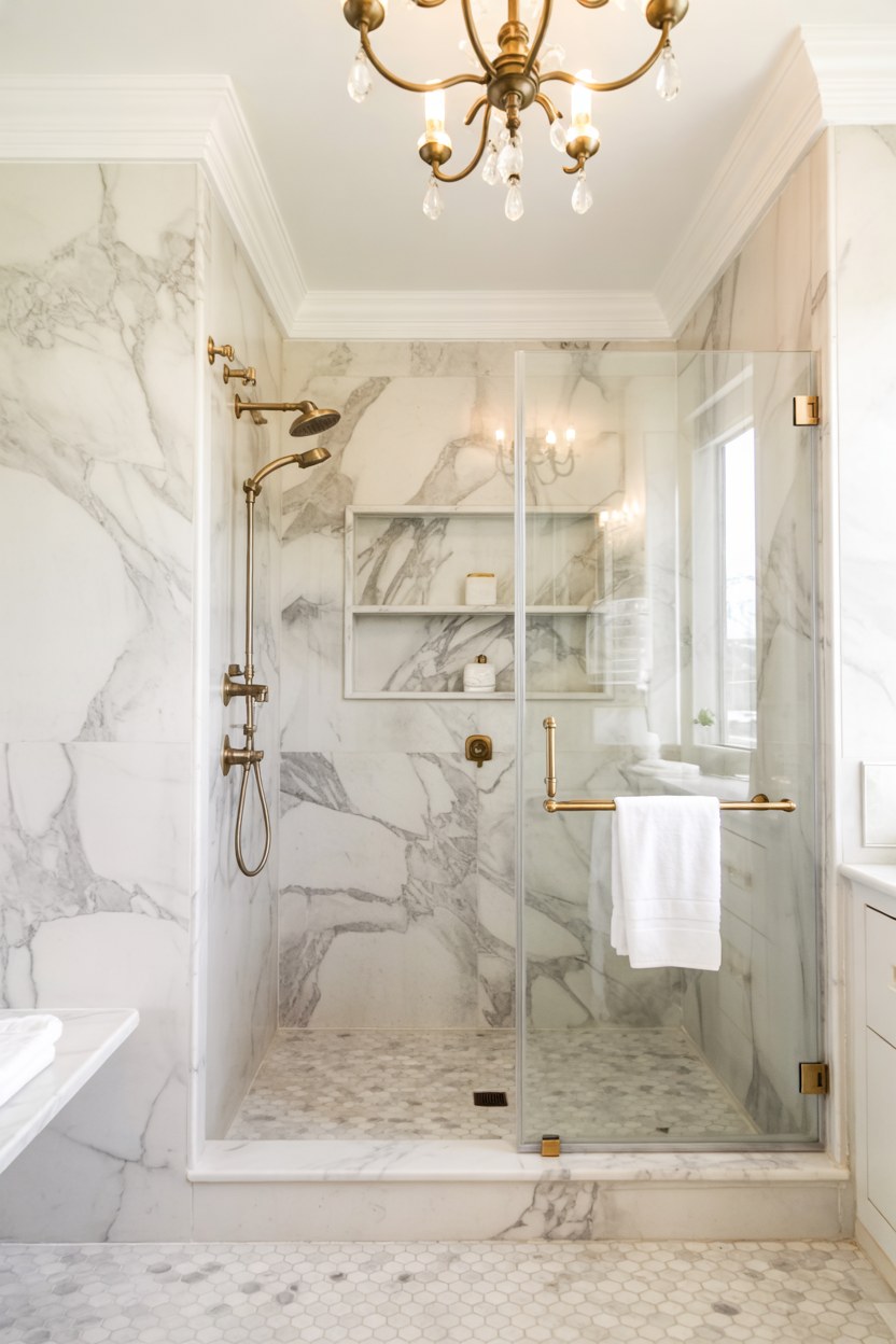 Luxury Walk-In Shower Design with Marble Tile and Brass Hardware