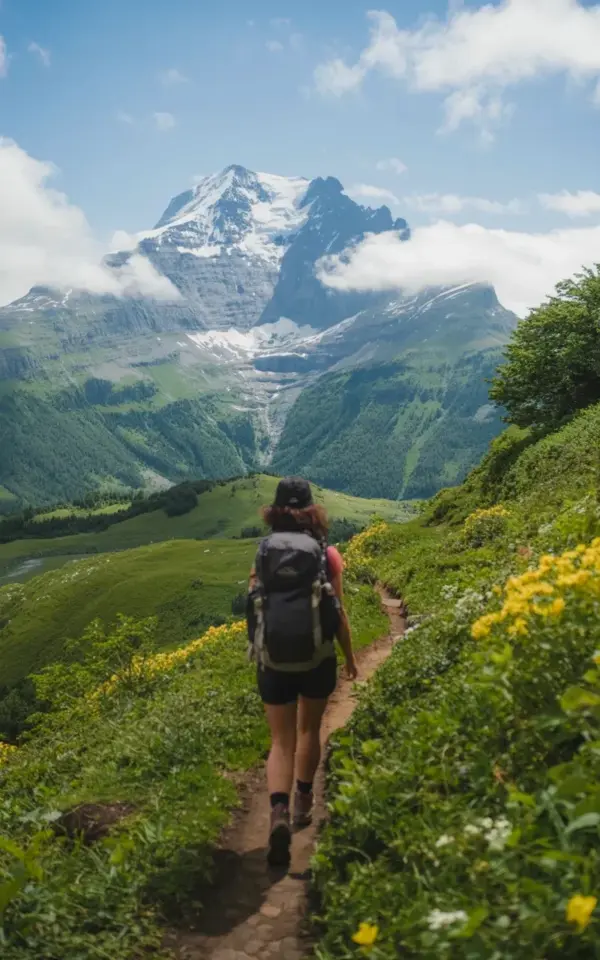 Wildflower Hiking Trail to a Snow-Capped Peak - Summer Adventure