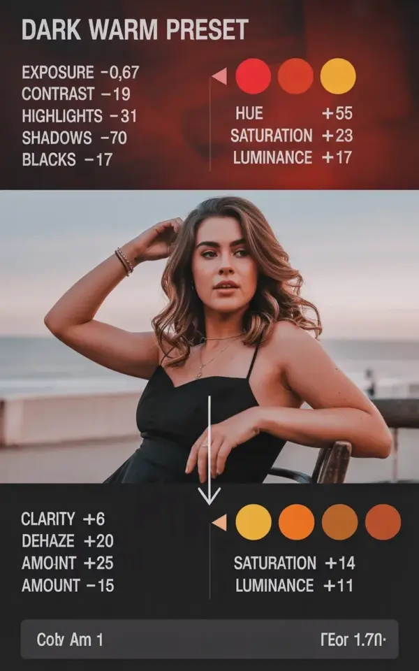 Dark Warm Preset Settings: Lightroom Exposure & Color Hue Guide