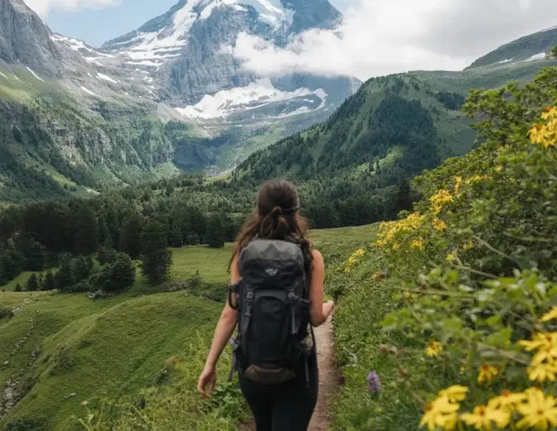 Mountain Hiking Through Yellow Wildflowers with Snow Capped Mountain Views